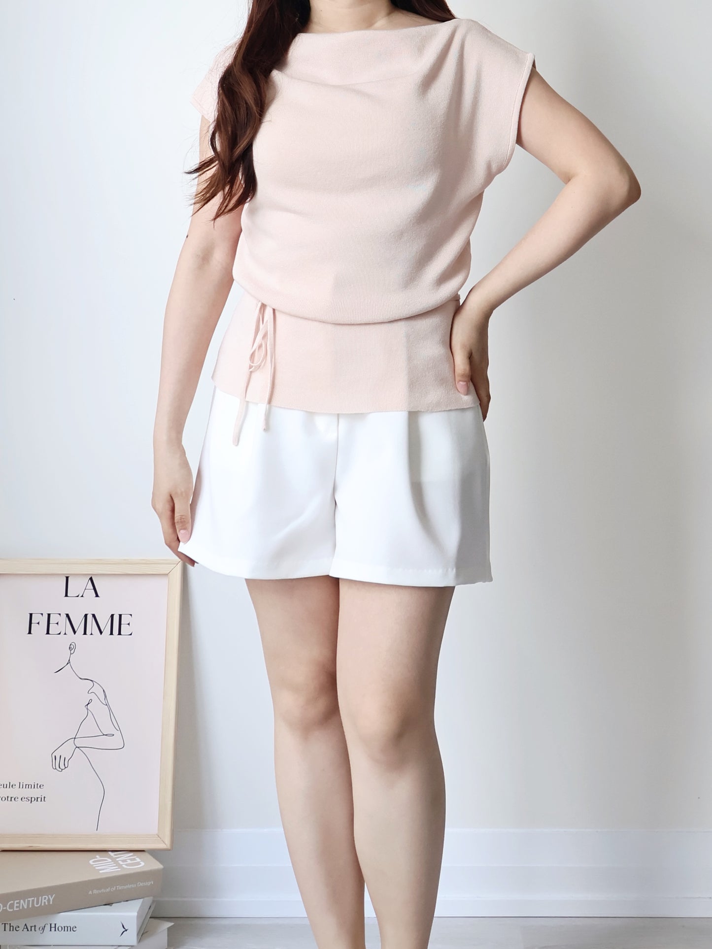 2-way French Chic Drape Neck Icy Knit Top(Peach)