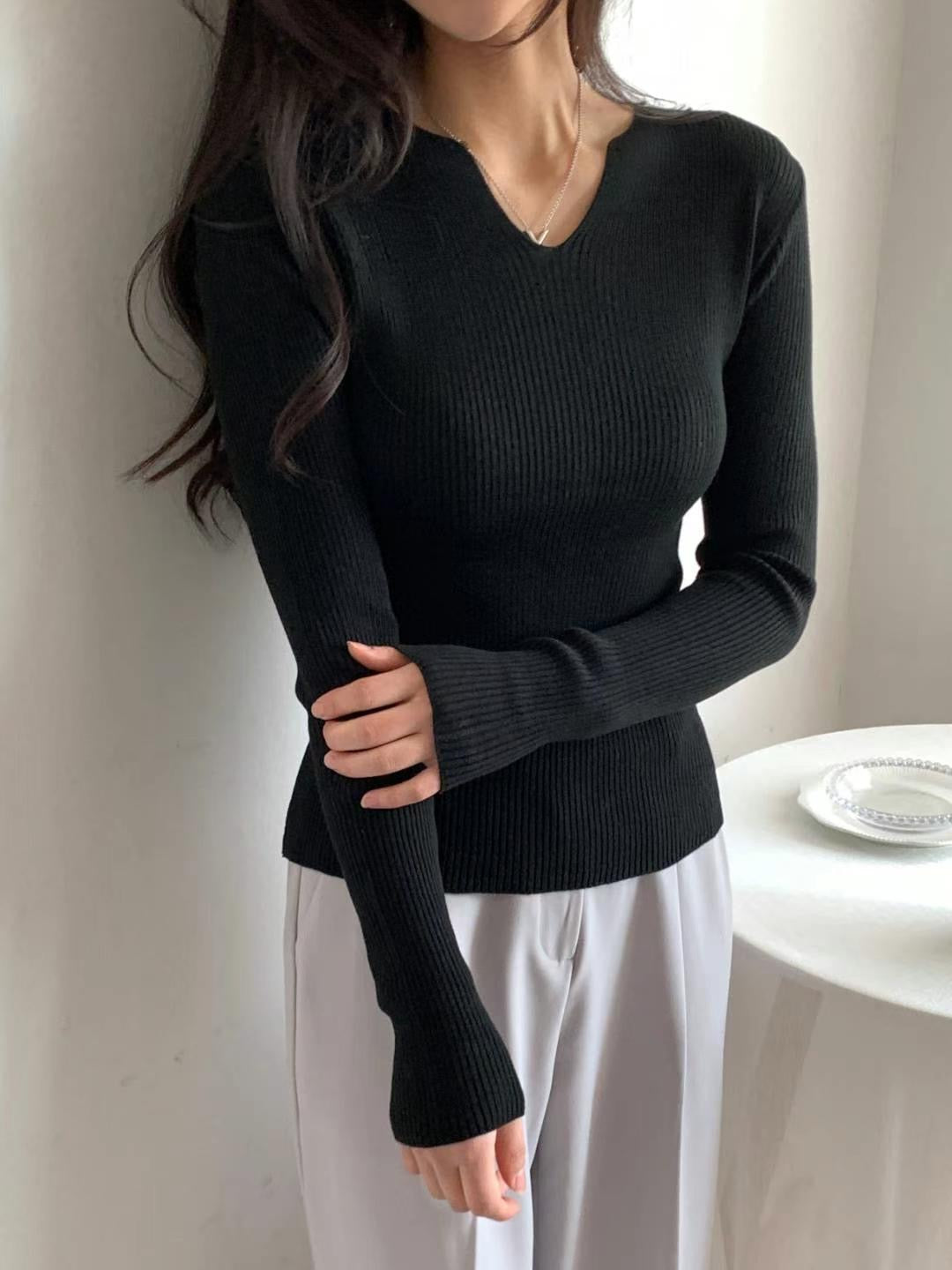 High-Stretch V-Neck Slim Fit Knit Top(Black)