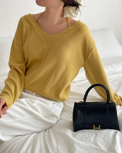 V-Neck Lazy Vibe Halter Sweater(4 colors)