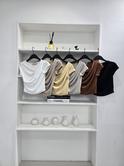 2-Way Boatneck Off-Shoulder Draped Cotton Top(6 Colors)