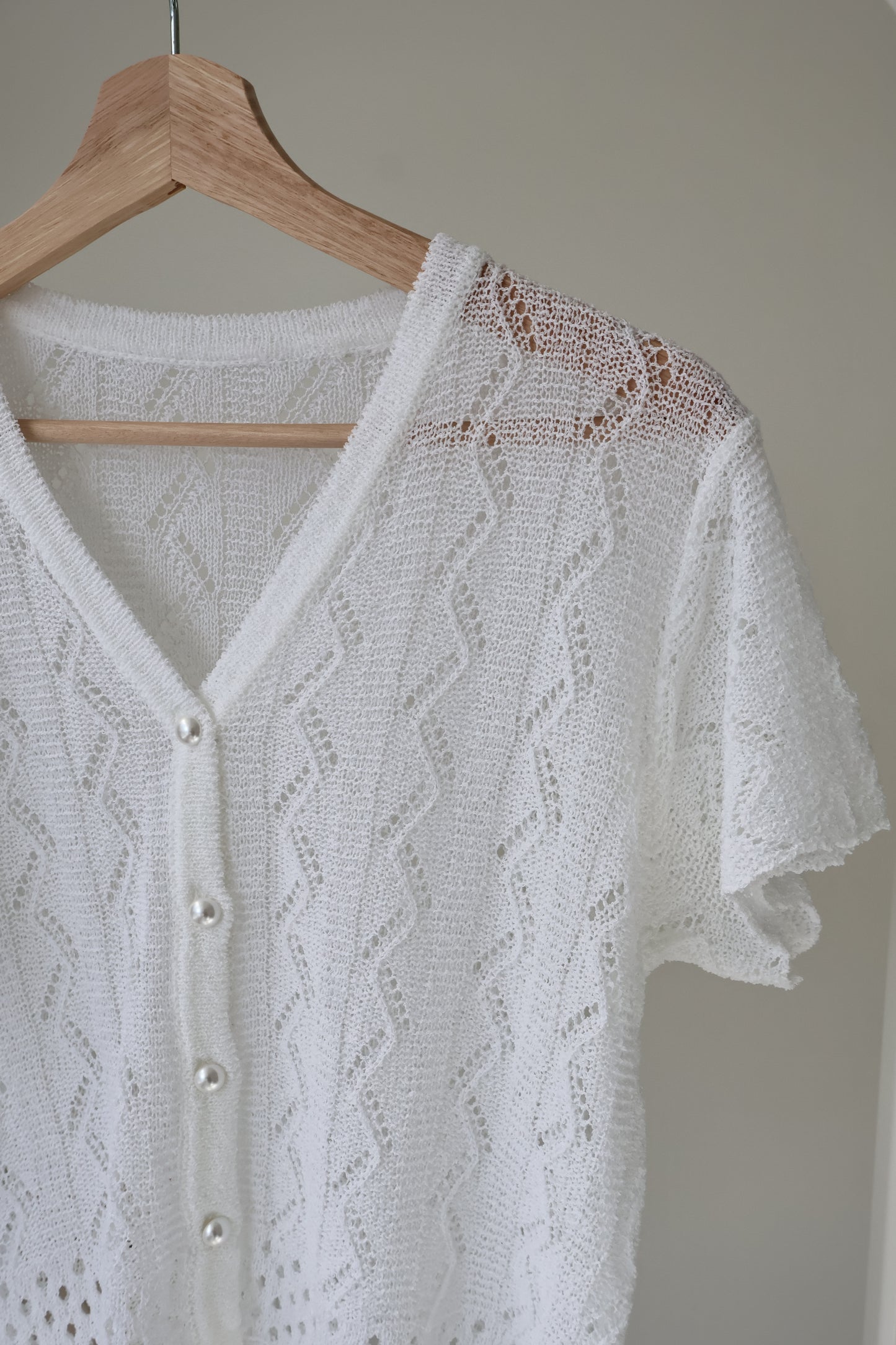 Romantic V-Neck Pointelle Pearl-Button Knit Top(Ivory)