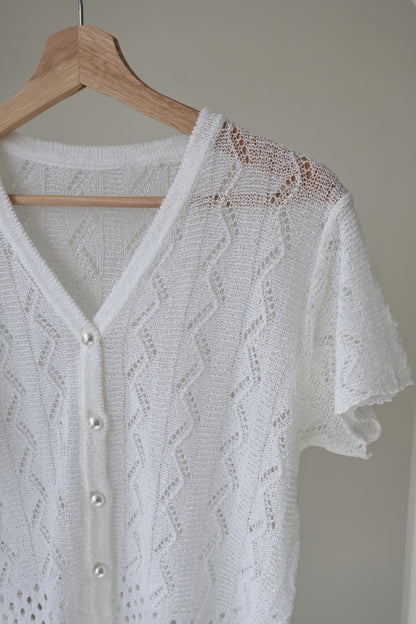 Romantic V-Neck Pointelle Pearl-Button Knit Top(Ivory)