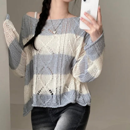 Soft Cable-Knit Colour-Block Top(Skyblue)