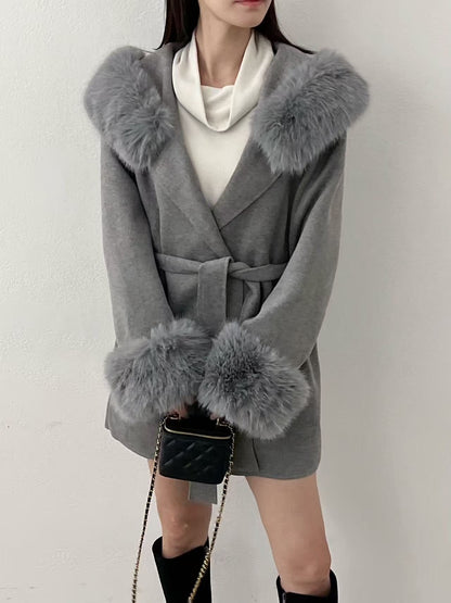 ［40% WOOL］Cozy Faux Fur Collar Warm Coat