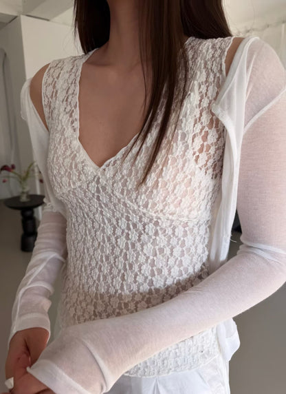 Romantic V-Neck Daisy Lace Sheer Tank Top(2 colors)