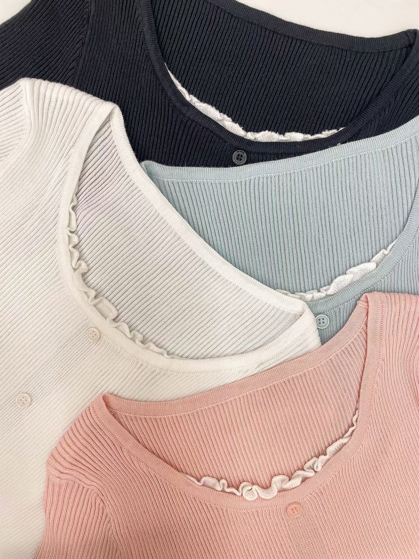 Romantic Lettuce-Trim Ribbed Knit Top(4 colors)