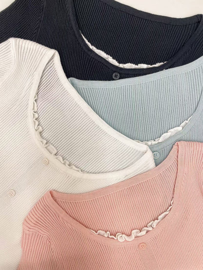 Romantic Lettuce-Trim Ribbed Knit Top(4 colors)