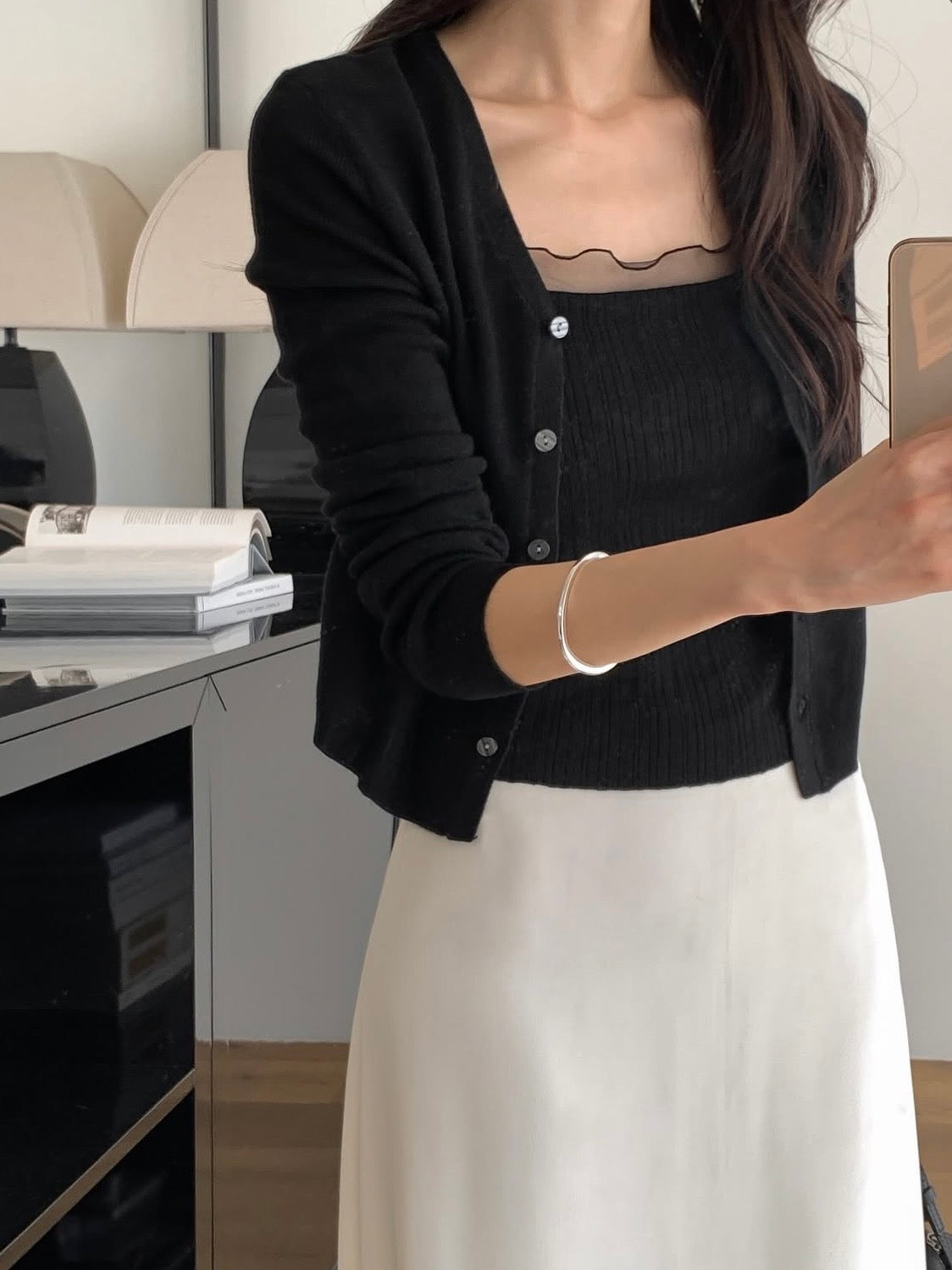 [2-Piece Set] Romantic Semi-Sheer Padded Camisole with Ultra-Soft Cardigan(Black)