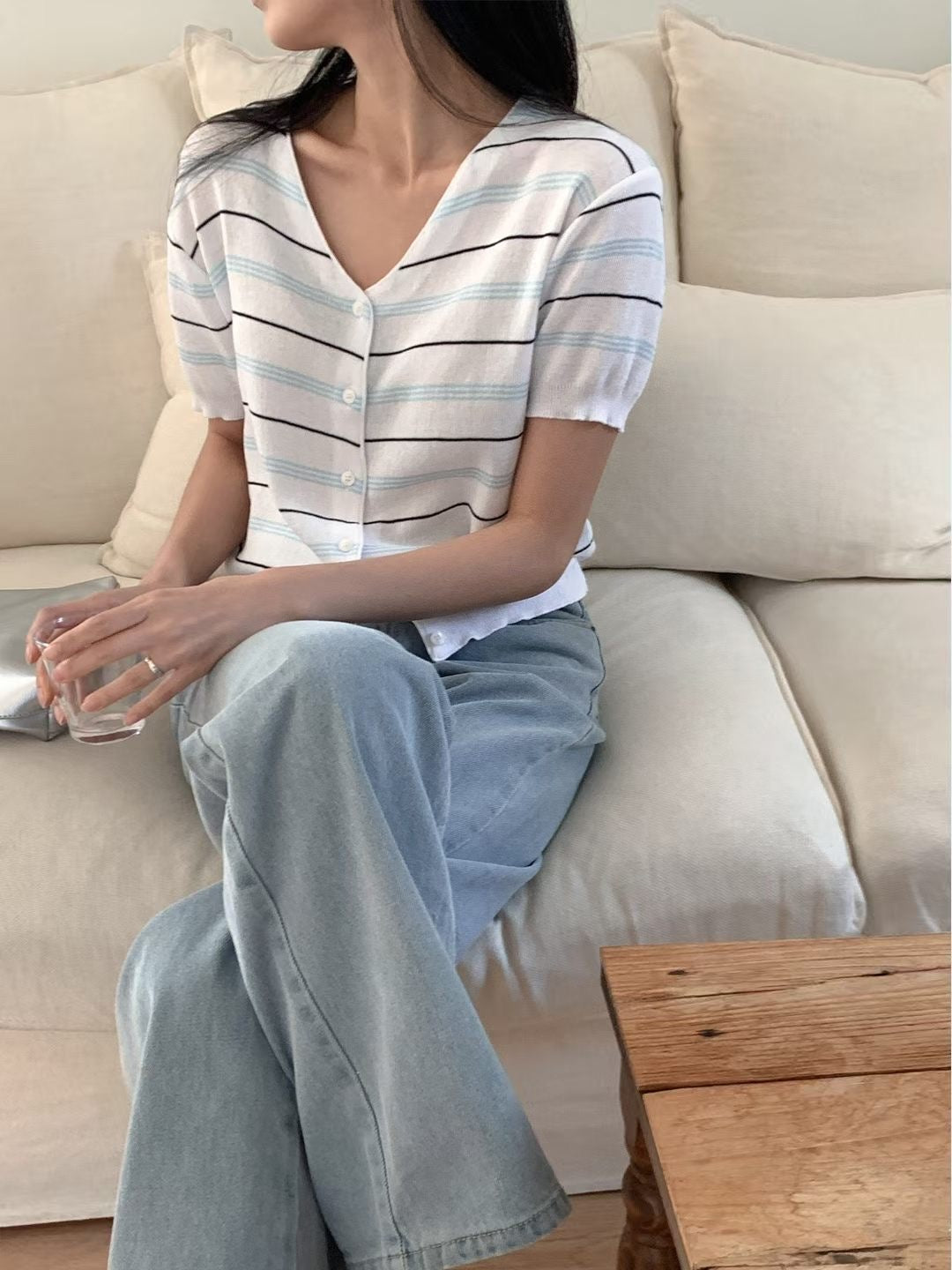 V-Neck Fresh Striped Knit Cardigan(4 colors)