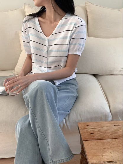 V-Neck Fresh Striped Knit Cardigan(4 colors)
