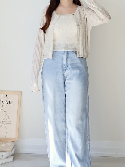 Breezy Cooling Linen Cami + Shell Button Cardigan Set(Oatmeal beige)