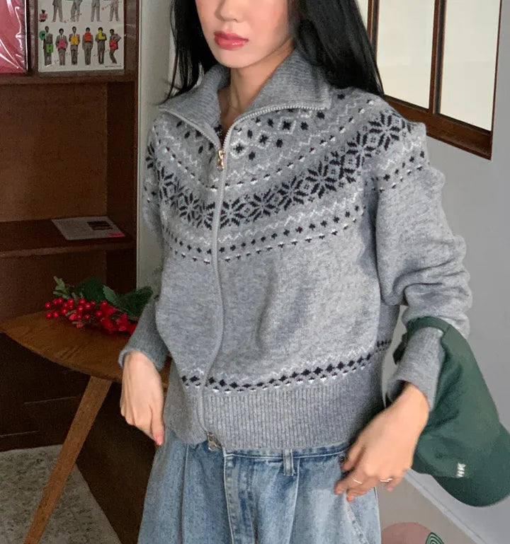 [2-WAYS] Nordic Style Snowflake Knit Zipper Jacket