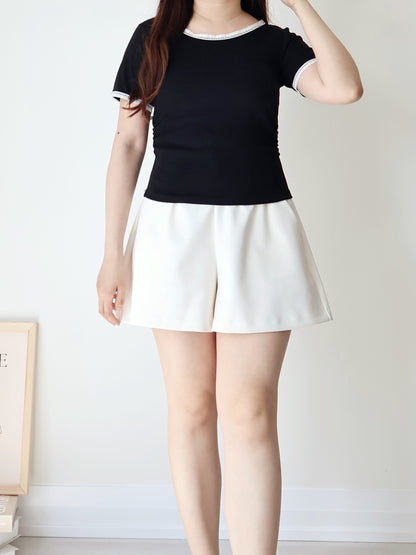 Elegant Slim-Fit Lace Trim Cotton Top(Black)
