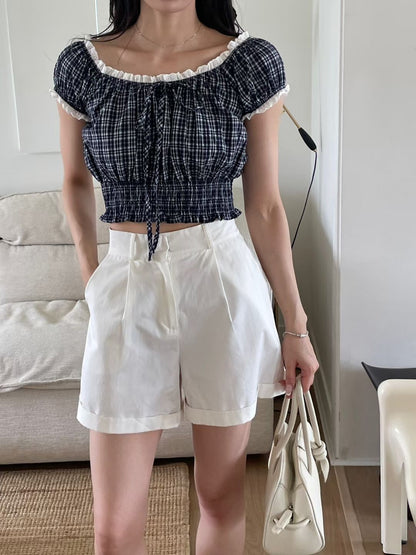 Cottagecore Lace Plaid Puff Sleeve Blouse(3 colors)