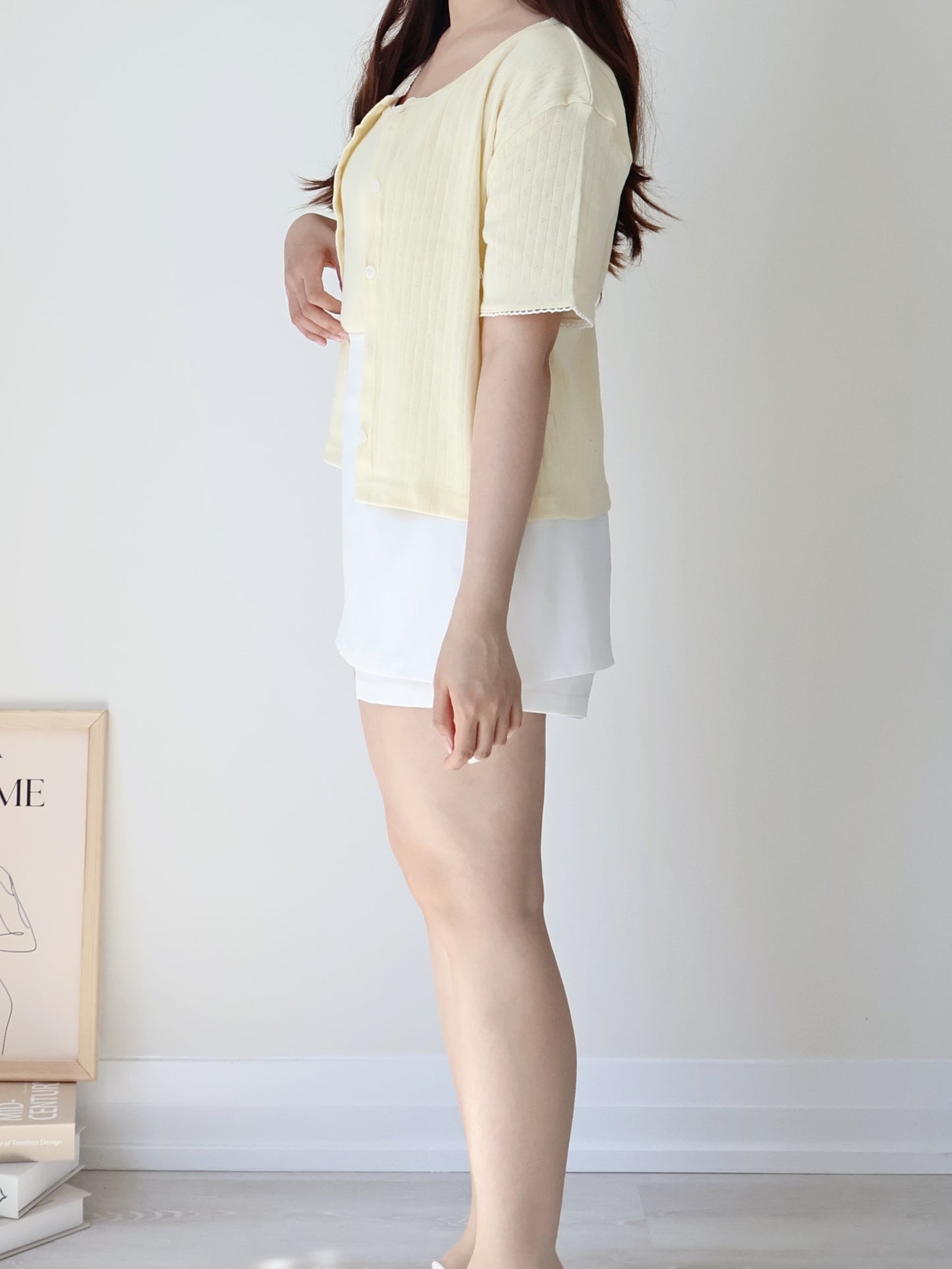 Graceful Contrast-Trim Jacquard Cotton Cami + Cardigan Set(Light Yellow)