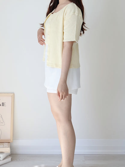 Graceful Contrast-Trim Jacquard Cotton Cami + Cardigan Set(Light Yellow)