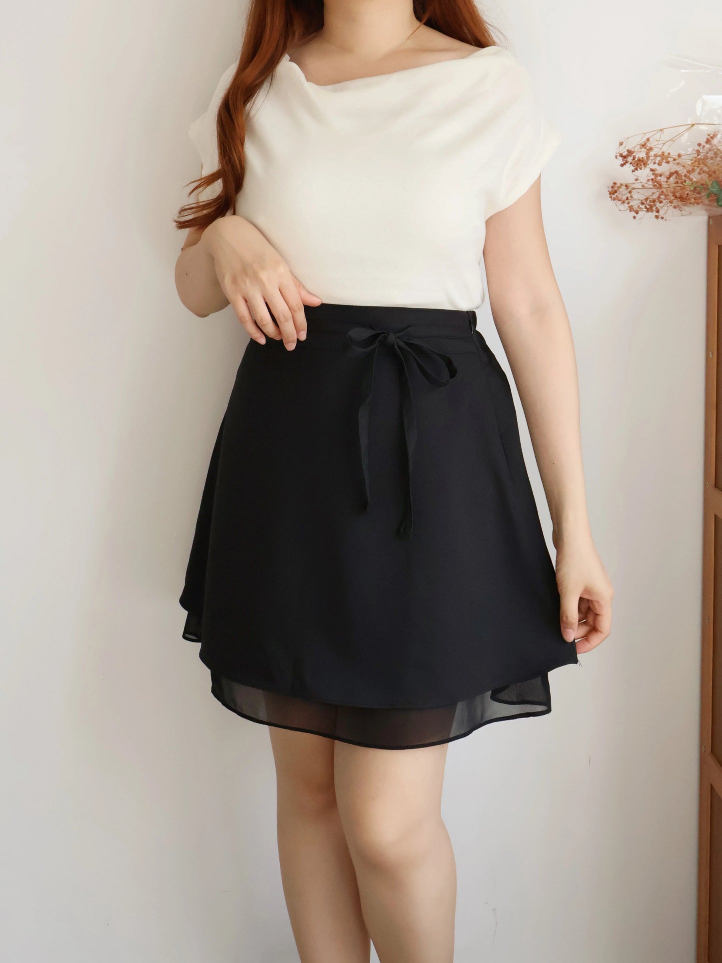 Elegant Ribbon Sheer A-Line Skirt(Black)
