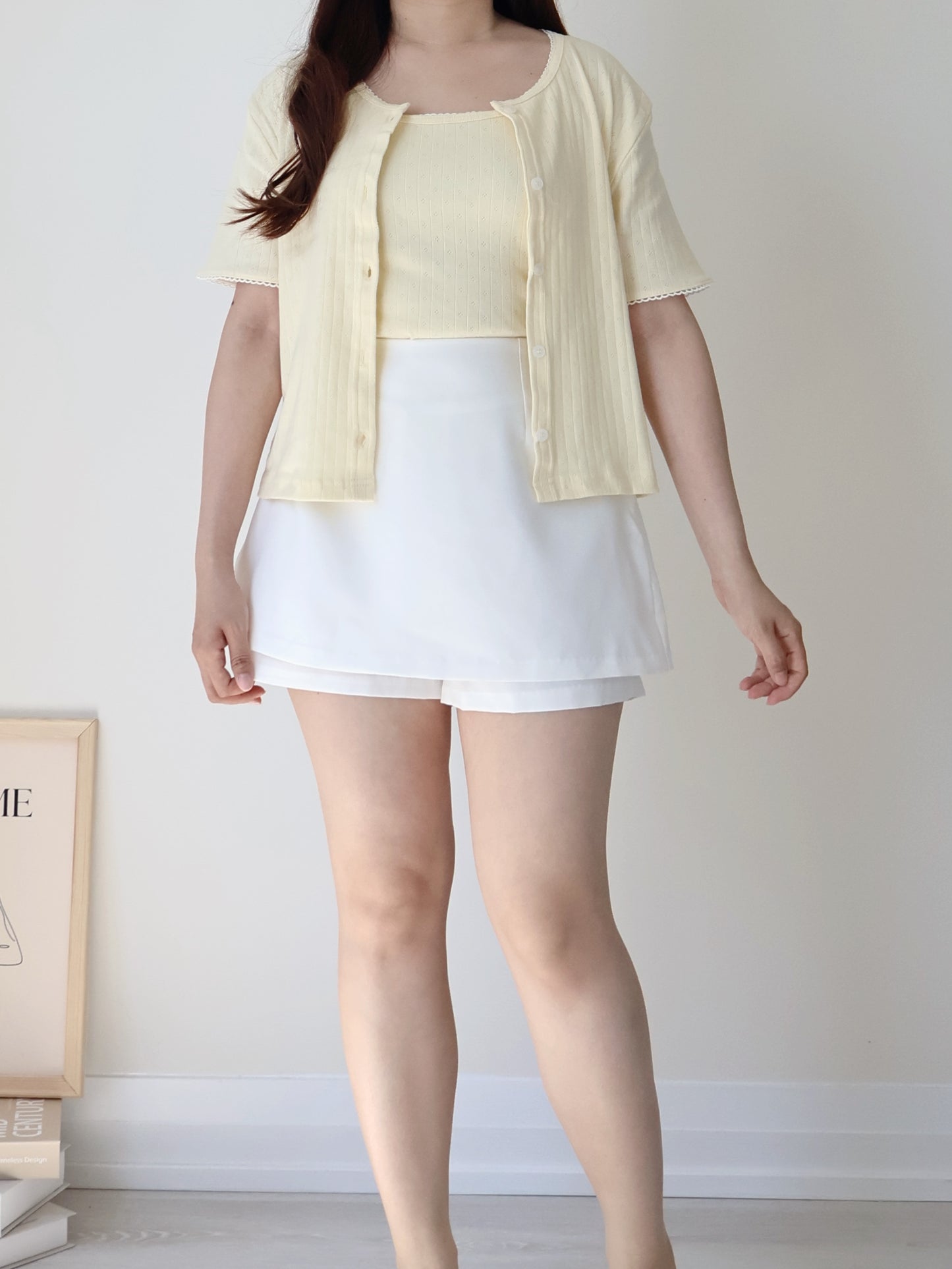 Graceful Contrast-Trim Jacquard Cotton Cami + Cardigan Set(Light Yellow)