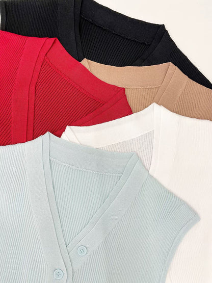 V-Neck Buttoned Sleeveless Knit Top(5 colors)