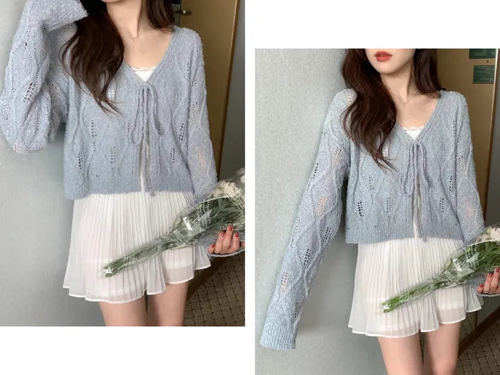 V-Neck Pointelle Tie-Front Knit Cardigan(5 colors)