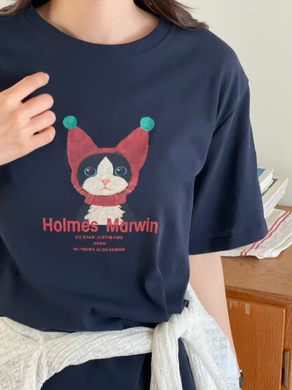 Oversized Marvin Cat Graphic Cotton T-Shirt(3 Colors)