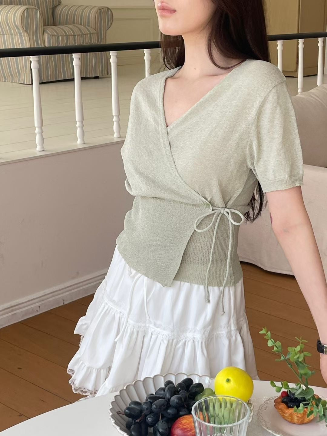 Elegant Tie-Detail Wrap Knit Top(5 Colors)