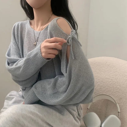 Ribbon Tie Open-Shoulder Knit Top(5 colors)
