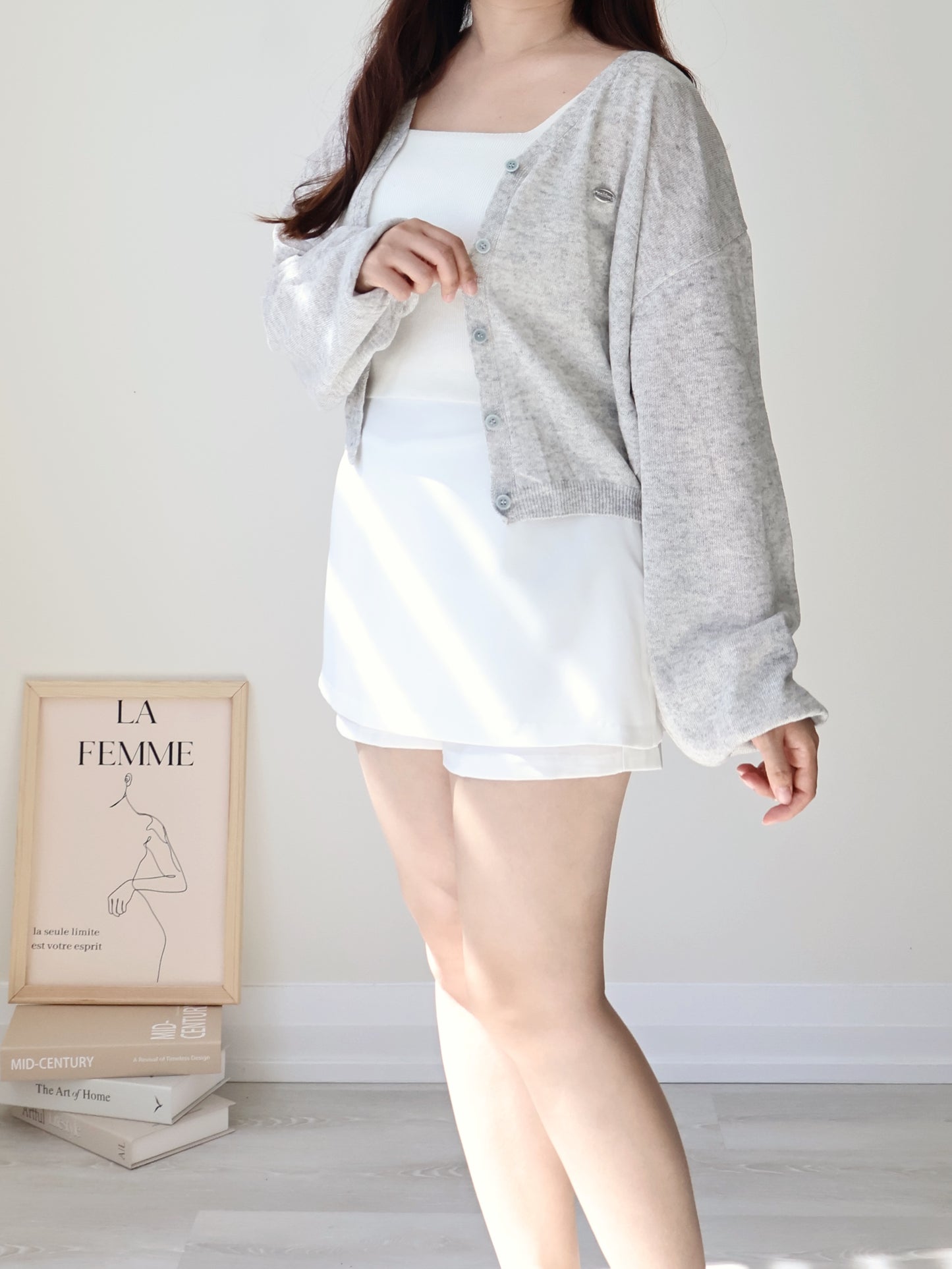 Airy Mélange Linen-Blend Pendant Cardigan(Grey)