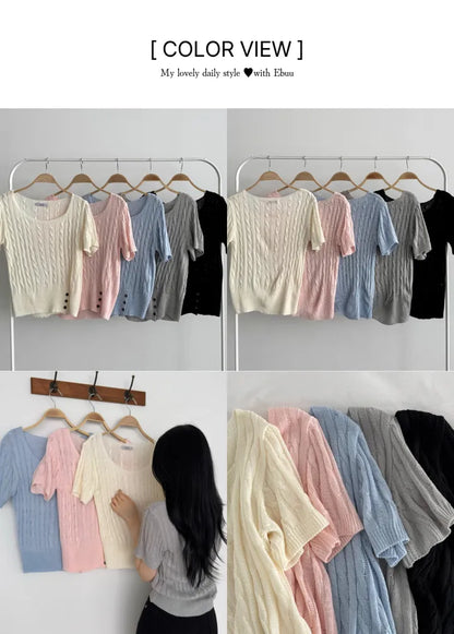 Daily Square Button Cable Knit Top