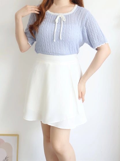 Romantic Square-Neck Contrast-Trim Bow Cable Knit Top(Skyblue)