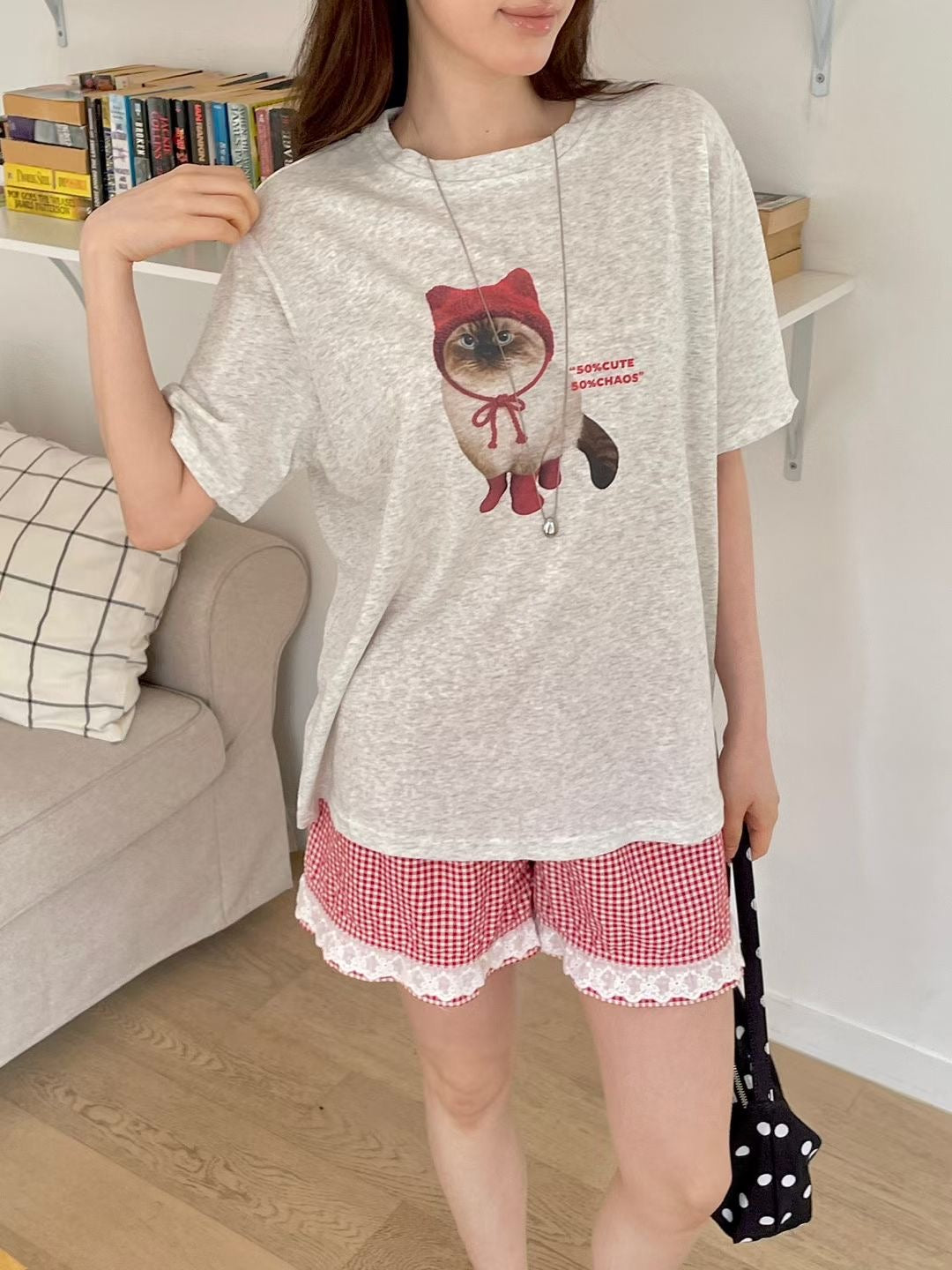 Oversized 50% Cute Cat Graphic Cotton T-Shirt(3 Colors)