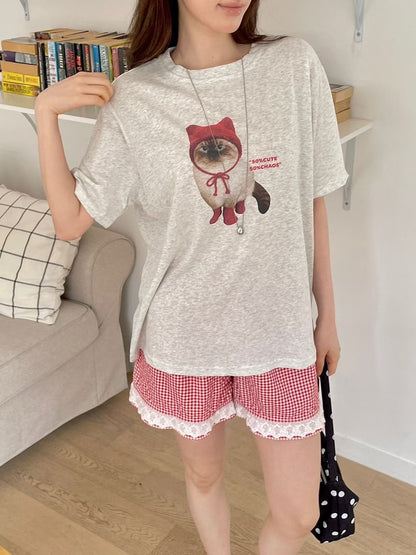 Oversized 50% Cute Cat Graphic Cotton T-Shirt(3 Colors)