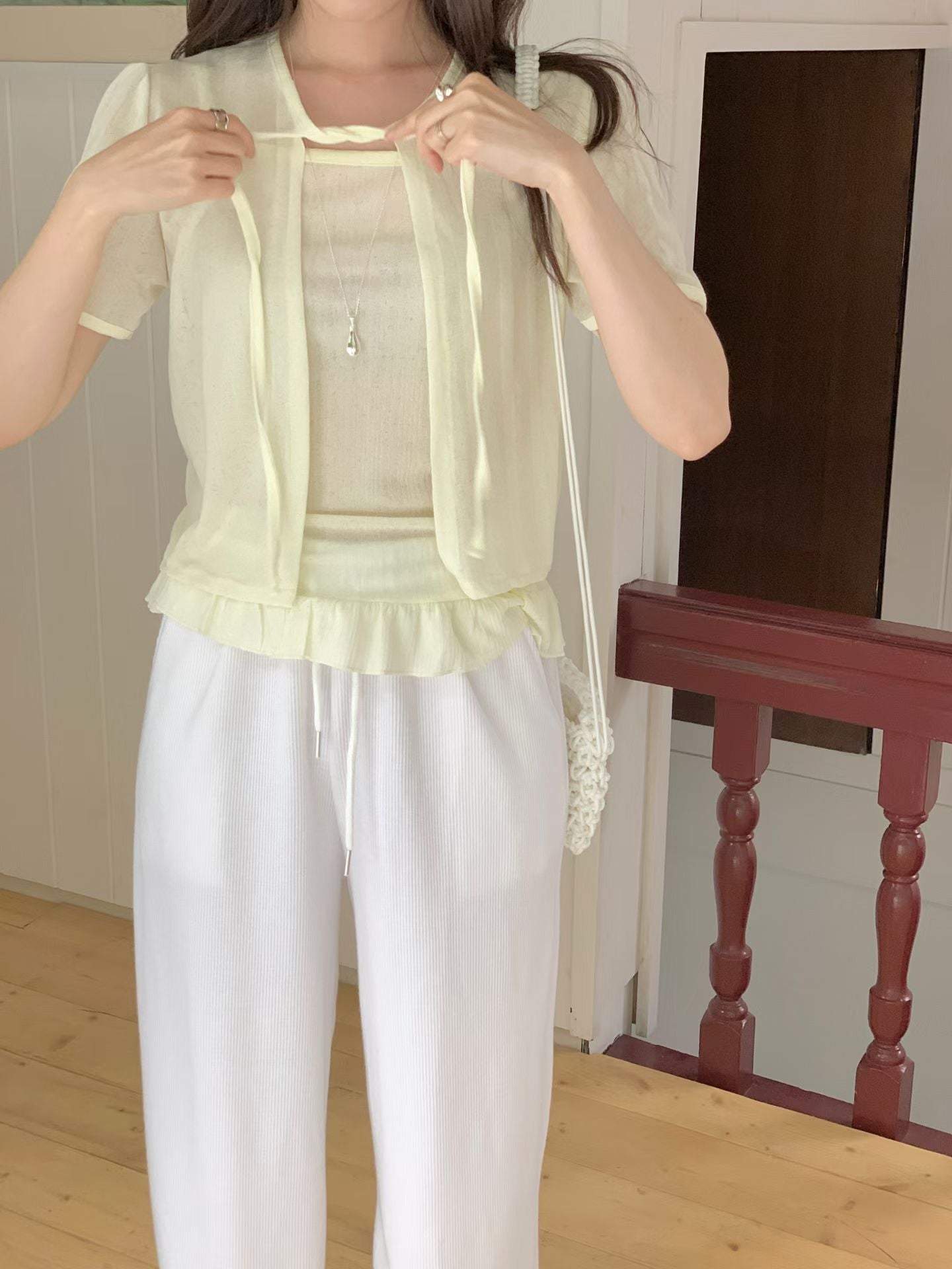 Sweet Ruffle Tie-Front Sheer Cami Set(3 Colors)