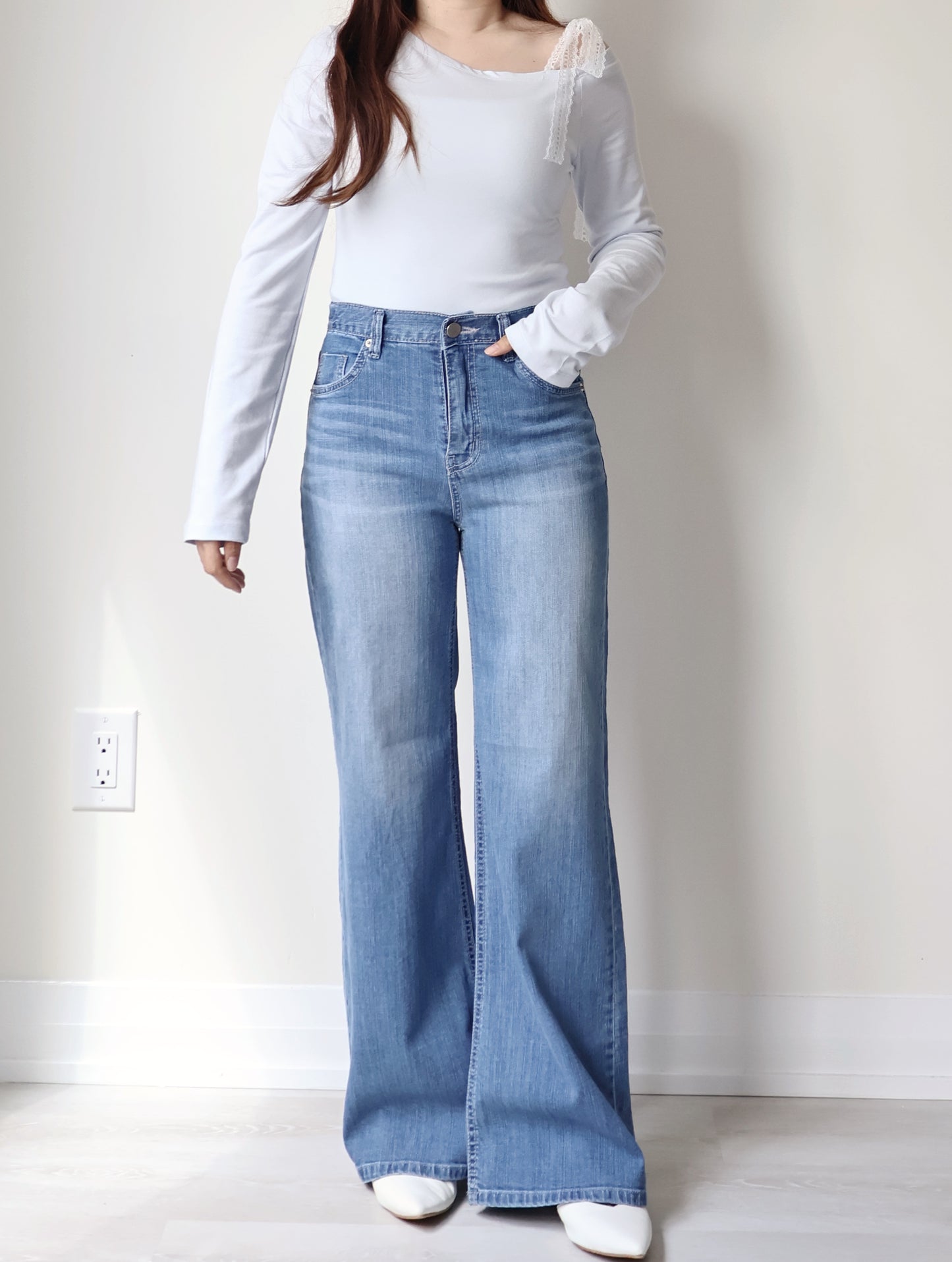 [Half Elastic Waist] Pajama-Soft Lightweight Stretchy Wide-Leg Bootcut Jeans(Dark Blue)