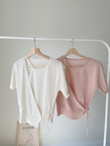 Lighweight Eyelet Overlap Linen Knit Top(Beige)