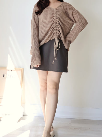 Effortless Drawstring Relaxed-Fit Knit Top(Brown)