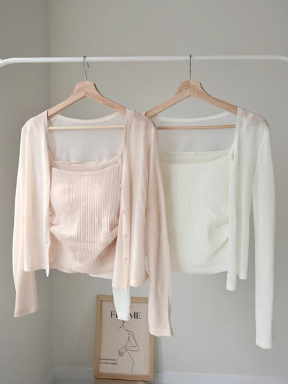 Romantic Sheer Trim Bra Top + Airy Tencel Cardigan Set(Ivory)