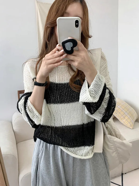 Soft Cable-Knit Colour-Block Top(Black)