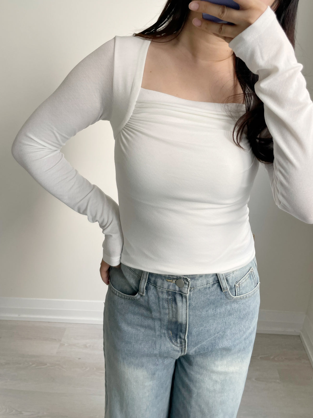 Square-Neck Pleated High-Stretch Top(Ivory)