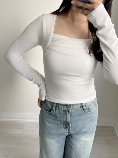 Square-Neck Pleated High-Stretch Top(Ivory)