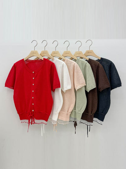 Elegant Shell Buttons Sheer Knit Top(6 Colors)