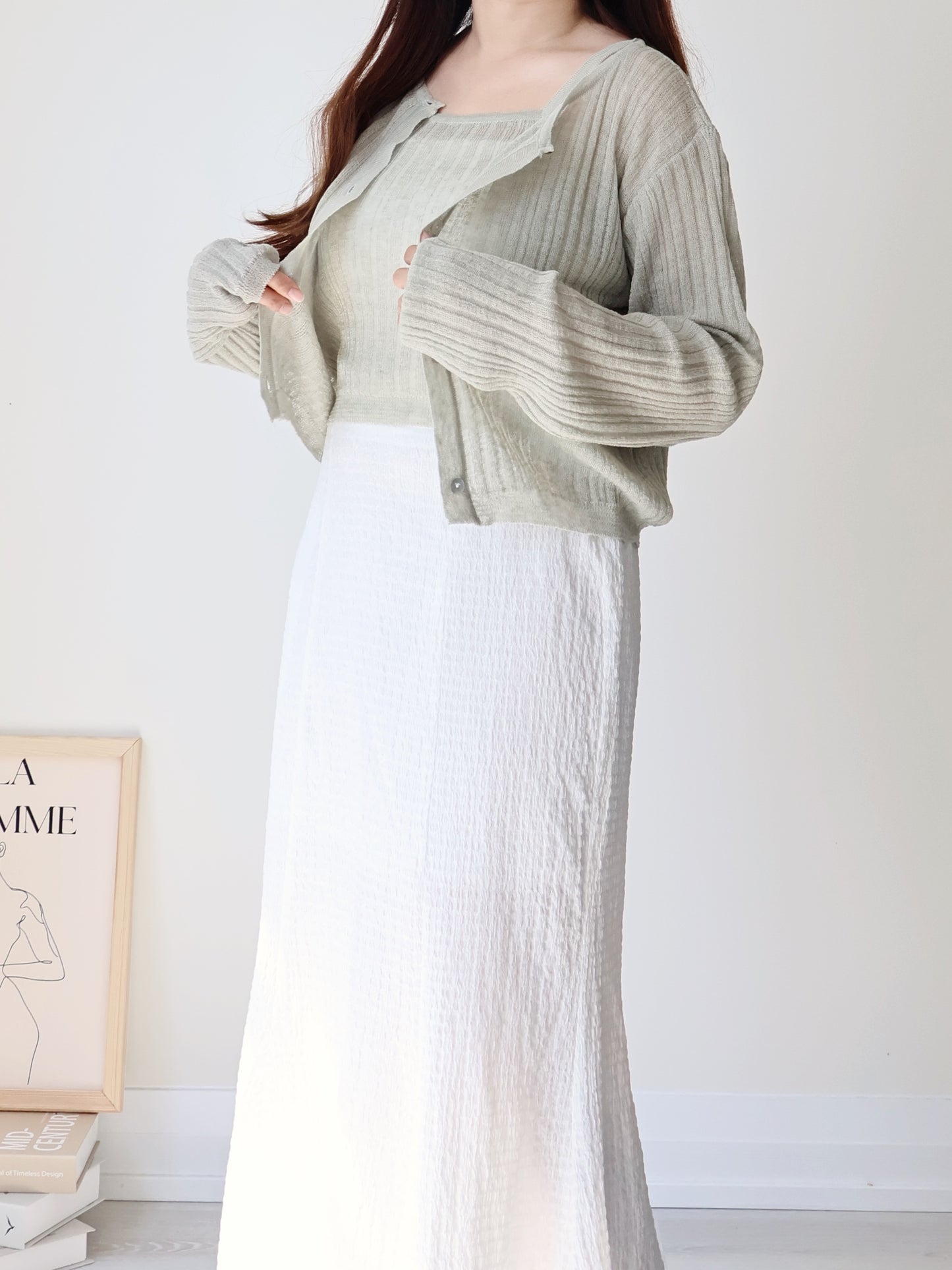 Breezy Cooling Linen Cami + Shell Button Cardigan Set(Matcha)