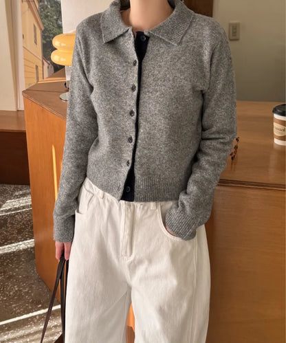 [Female] 5% Wool Color-Block Lapel Cardigan(4 colors)