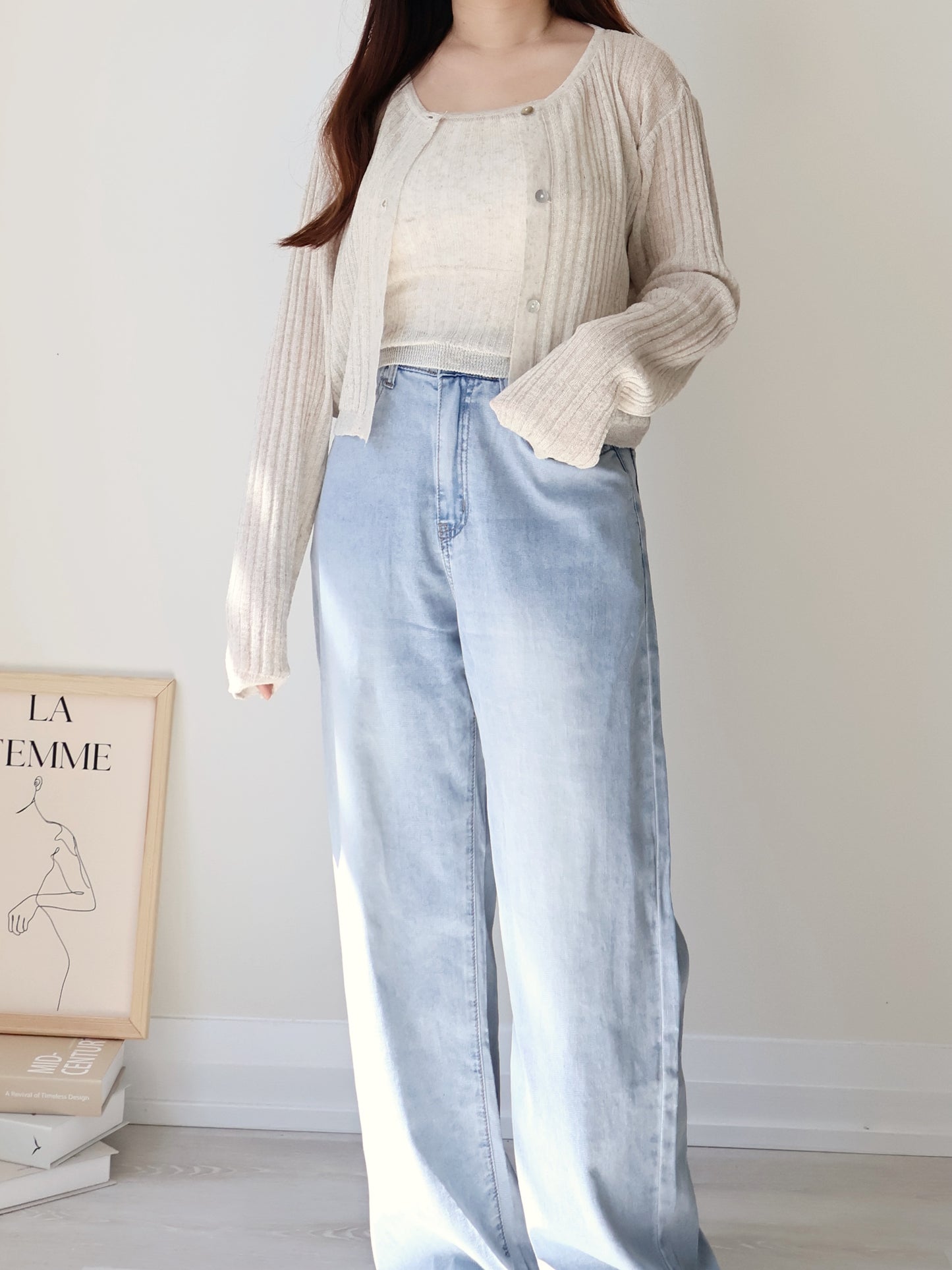 Breezy Cooling Linen Cami + Shell Button Cardigan Set(Oatmeal beige)