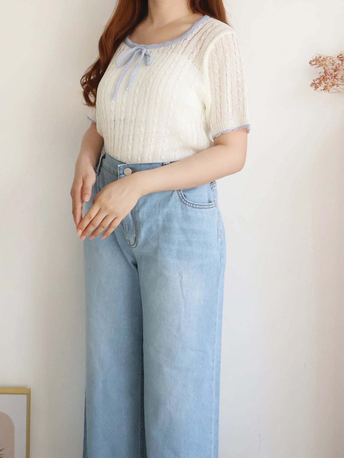 Romantic Square-Neck Contrast-Trim Bow Cable Knit Top(Ivory)