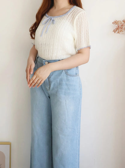 Romantic Square-Neck Contrast-Trim Bow Cable Knit Top(Ivory)