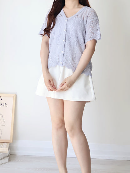 Romantic V-Neck Pointelle Pearl-Button Knit Top(Greyish blue)