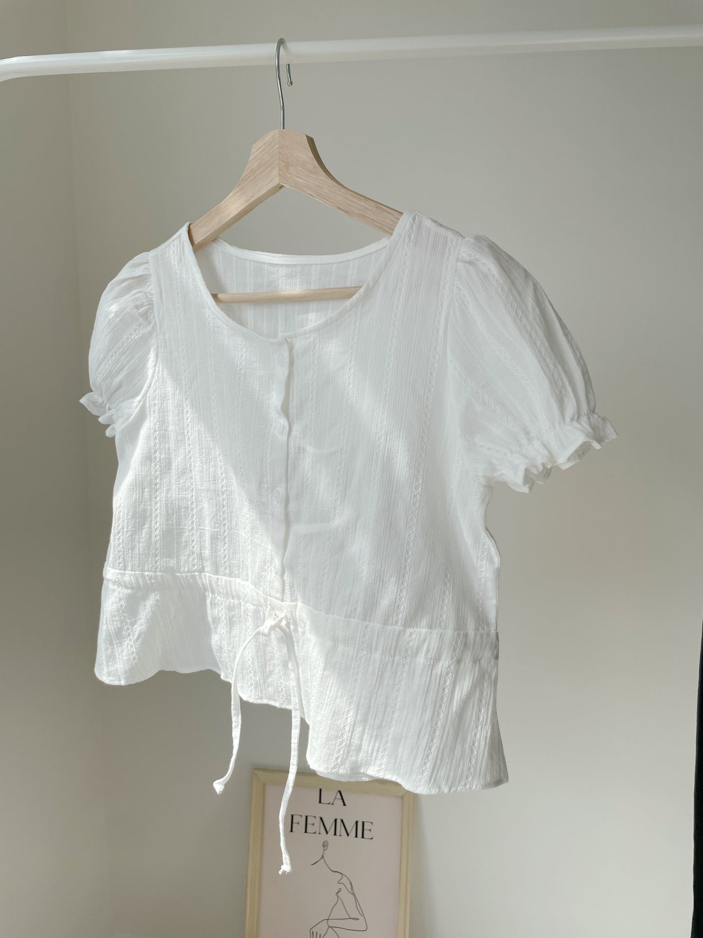 Frenchy Jacquard Cinched-Waist Cotton Blouse(2 Colors)