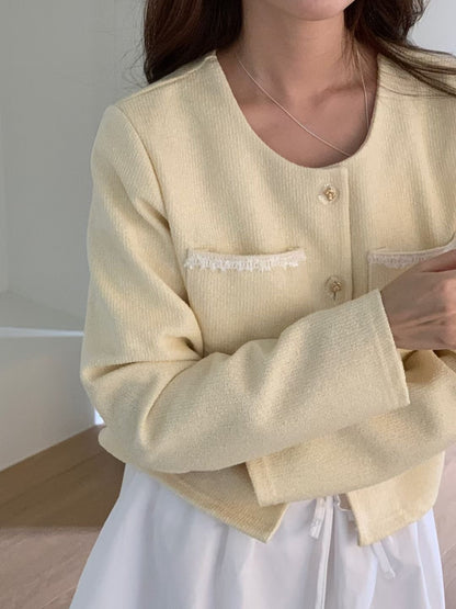 Elegant Bow-Embossed Button Tweed Jacket(3 colors)