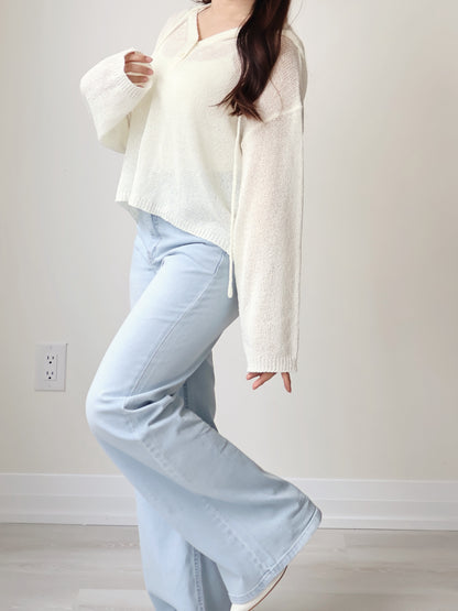 Relaxed 2-Button Hooded UV knit Top(Ivory)